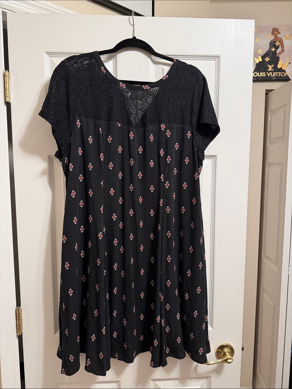 Torrid Black Floral Swing Dress with Lace Yoke